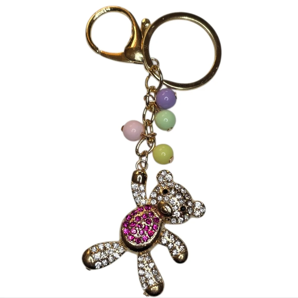 Pink Crystal Embellished Teddy Bear Beaded Accessories Bag Charm Gold Keychain